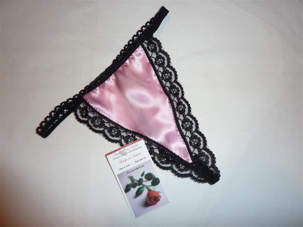 Pale Pink and black satin G string